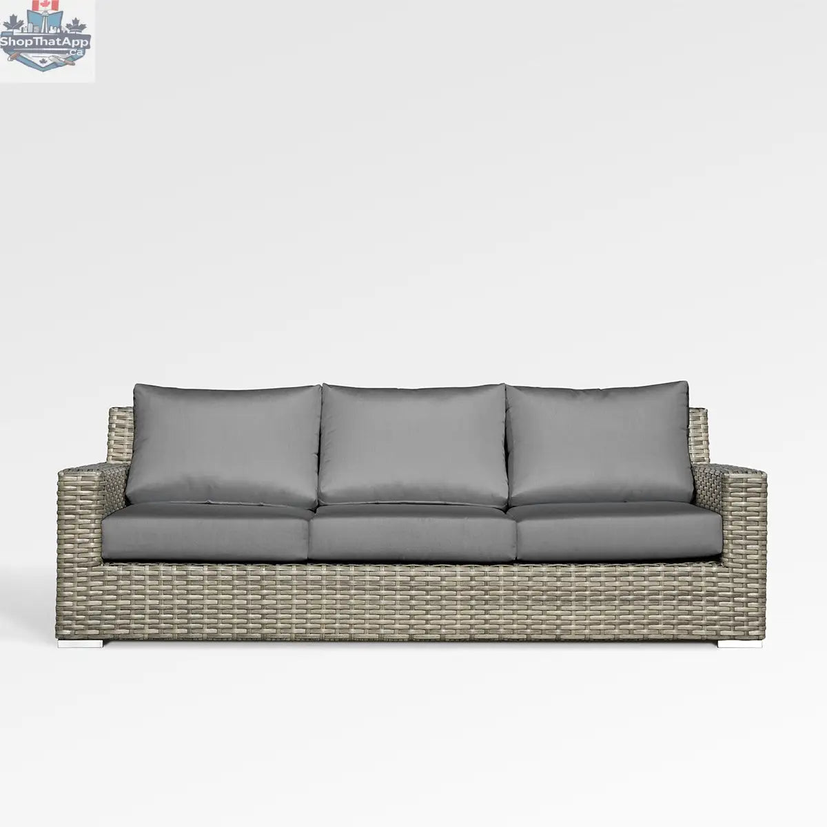 Enclover Jasmine outdoor sofa with Sunbrella cushions in slate, stylish and comfortable for outdoor use, front view.