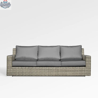 Enclover Jasmine outdoor sofa with Sunbrella cushions in slate, stylish and comfortable for outdoor use, front view.