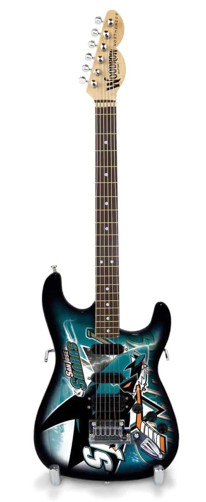 Little Guitars San Jose Sharks collectible miniature guitar, 10-inch fan memorabilia with Sharks logo and detailed design.