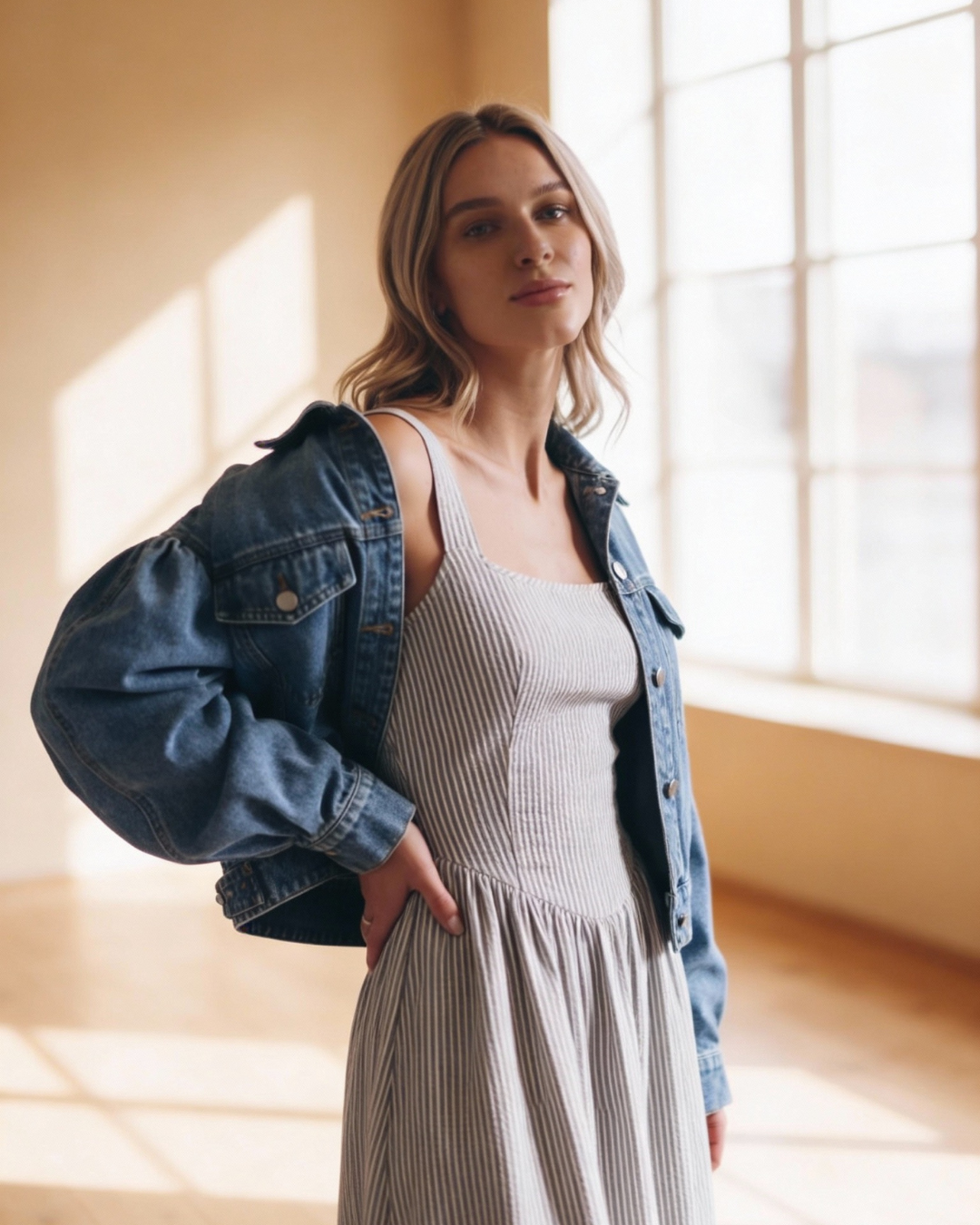 Roxanne Women's Cropped Denim Jacket with Pleated Sleeves - Shopthatapp.ca