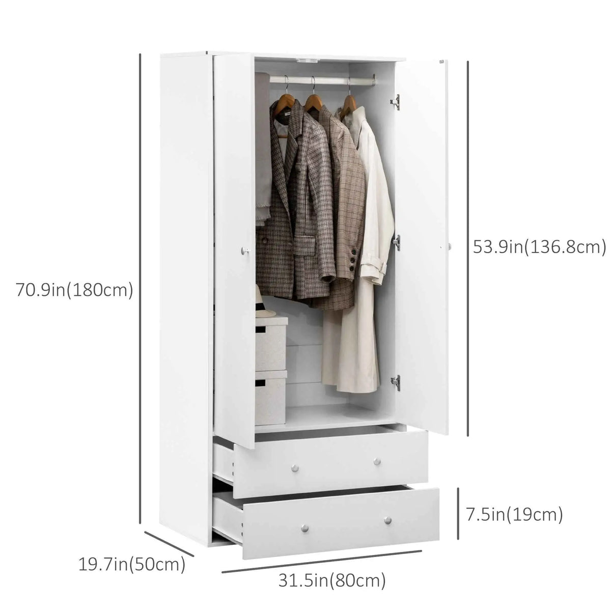White Briar Modern Wardrobe Closet by SLOTH Nation with two drawers and hanging rod, ideal for bedroom storage.