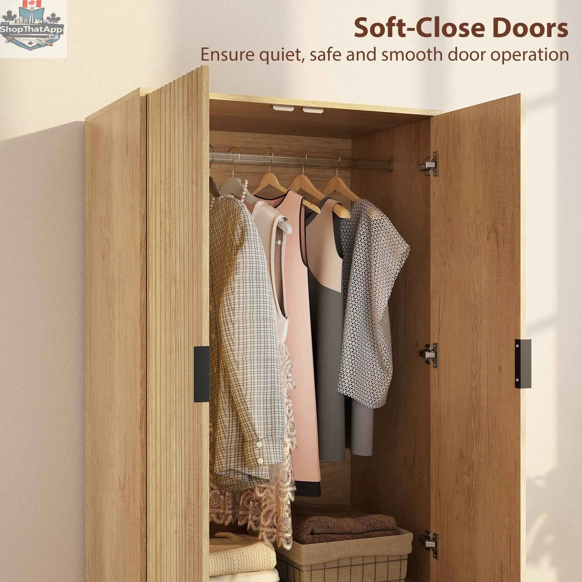 Modern Alexis wardrobe closet with soft-close doors, natural wood finish, bedroom furniture by SLOTH Nation.