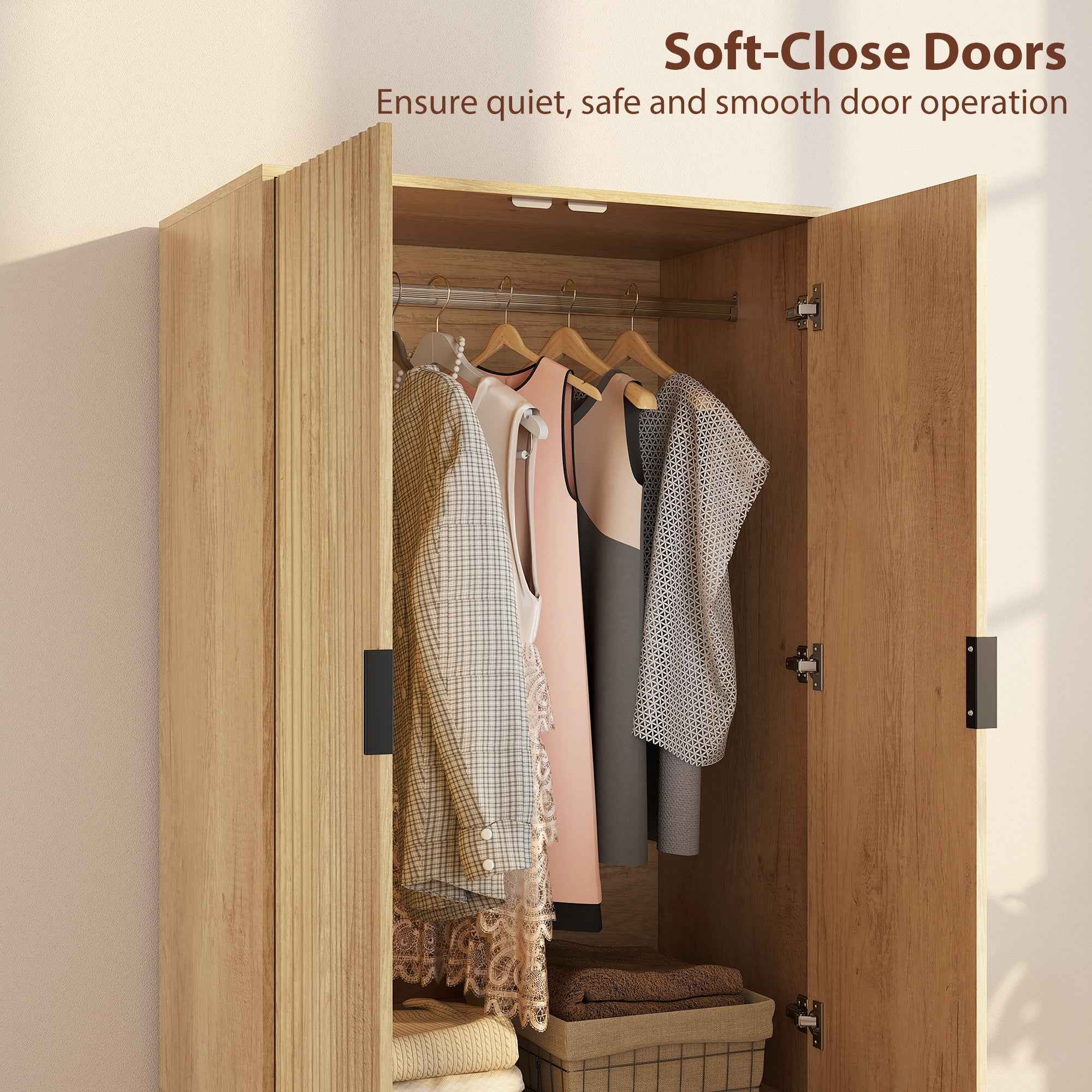 Alexis Modern Wardrobe Closet with Soft-Close Doors-Natural
