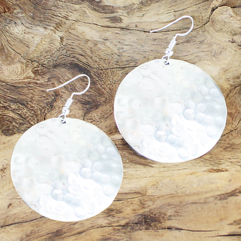 Beaten Metal Disc Earrings - Silver Colour - Shopthatapp.ca