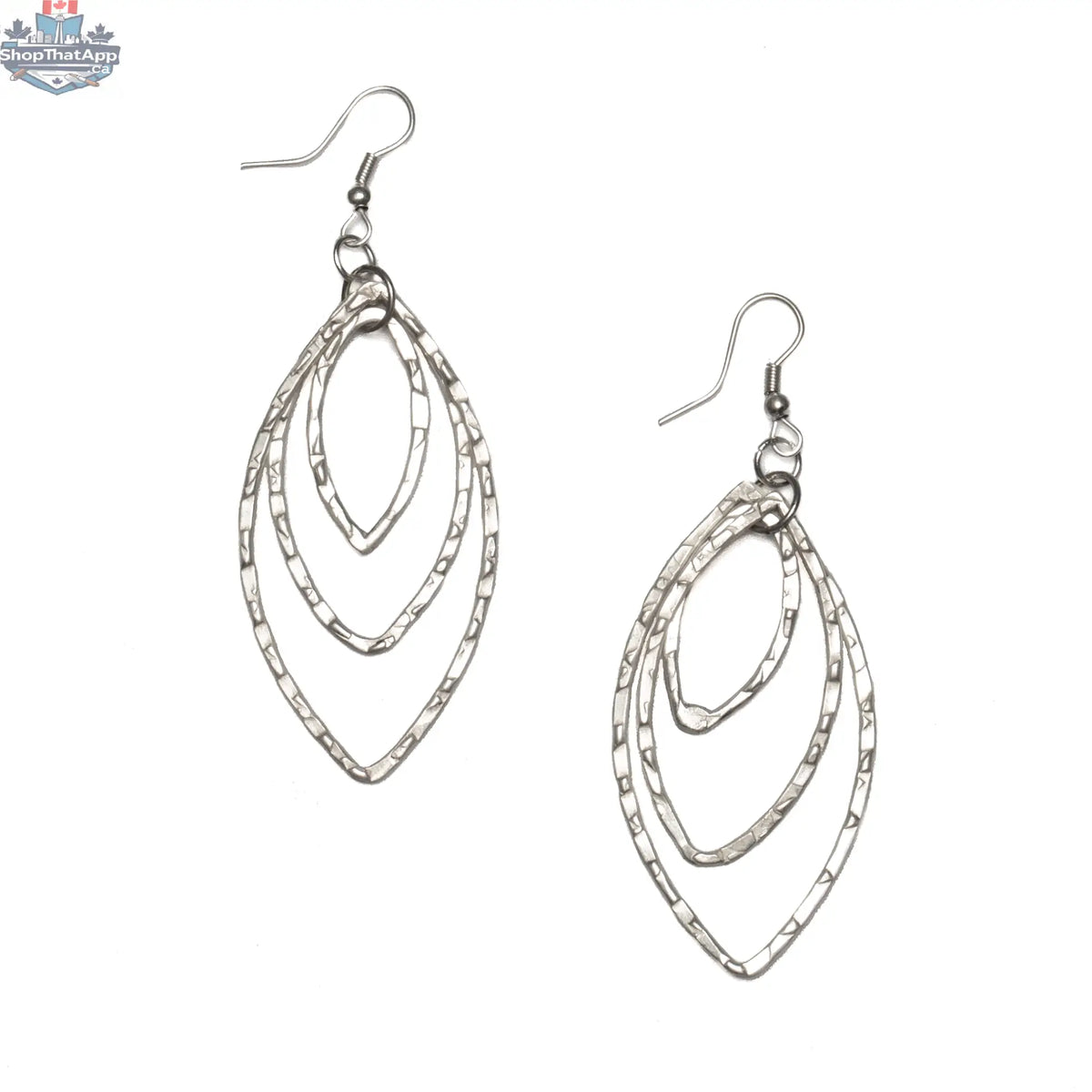 Silver triple oval metal earrings by Suzie Blue Canada featuring elegant silver jewelry design with a polished finish.