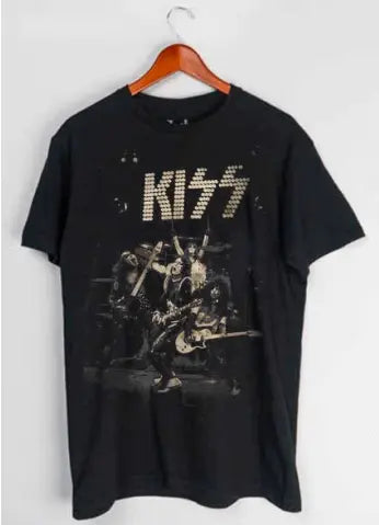 Black KISS T-shirt with band logo and graphic design, perfect for rock style, from Little Guitars.