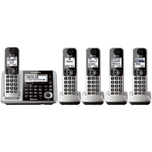 Refurbished Panasonic cordless phone with answering machine, 5 handsets, digital system, and Link2Cell technology.