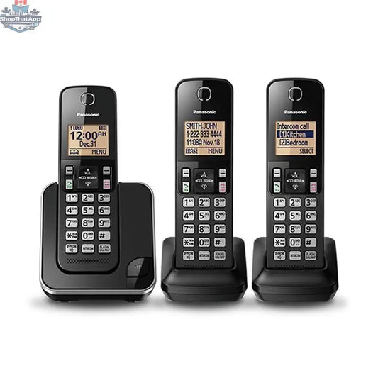 Refurbished Panasonic 3-handset cordless telephone KX-TGC383C with base station and handset display, on a plain background.
