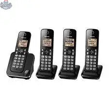 Refurbished Panasonic 4-handset cordless phone KXTGC384 with digital display, base station, and handsets on a white background.