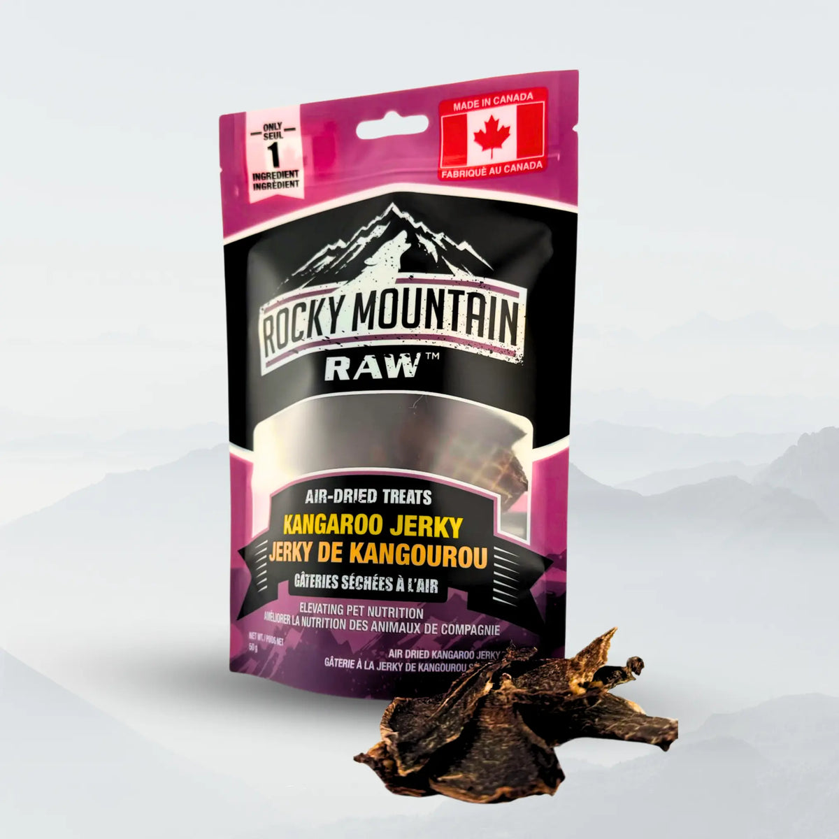 Dried kangaroo jerky from ROCKY MOUNTAIN RAW in a 50g package, showcasing textured, sliced kangaroo meat on a neutral background.