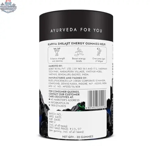Kapiva Himalayan Shilajit Gummies in ginger honey flavor showing the back of the NABL-certified gummies pack.