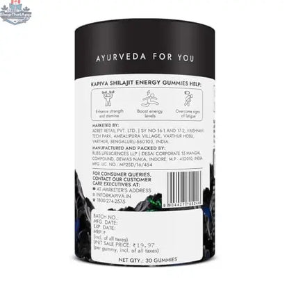 Kapiva Himalayan Shilajit Gummies in ginger honey flavor showing the back of the NABL-certified gummies pack.