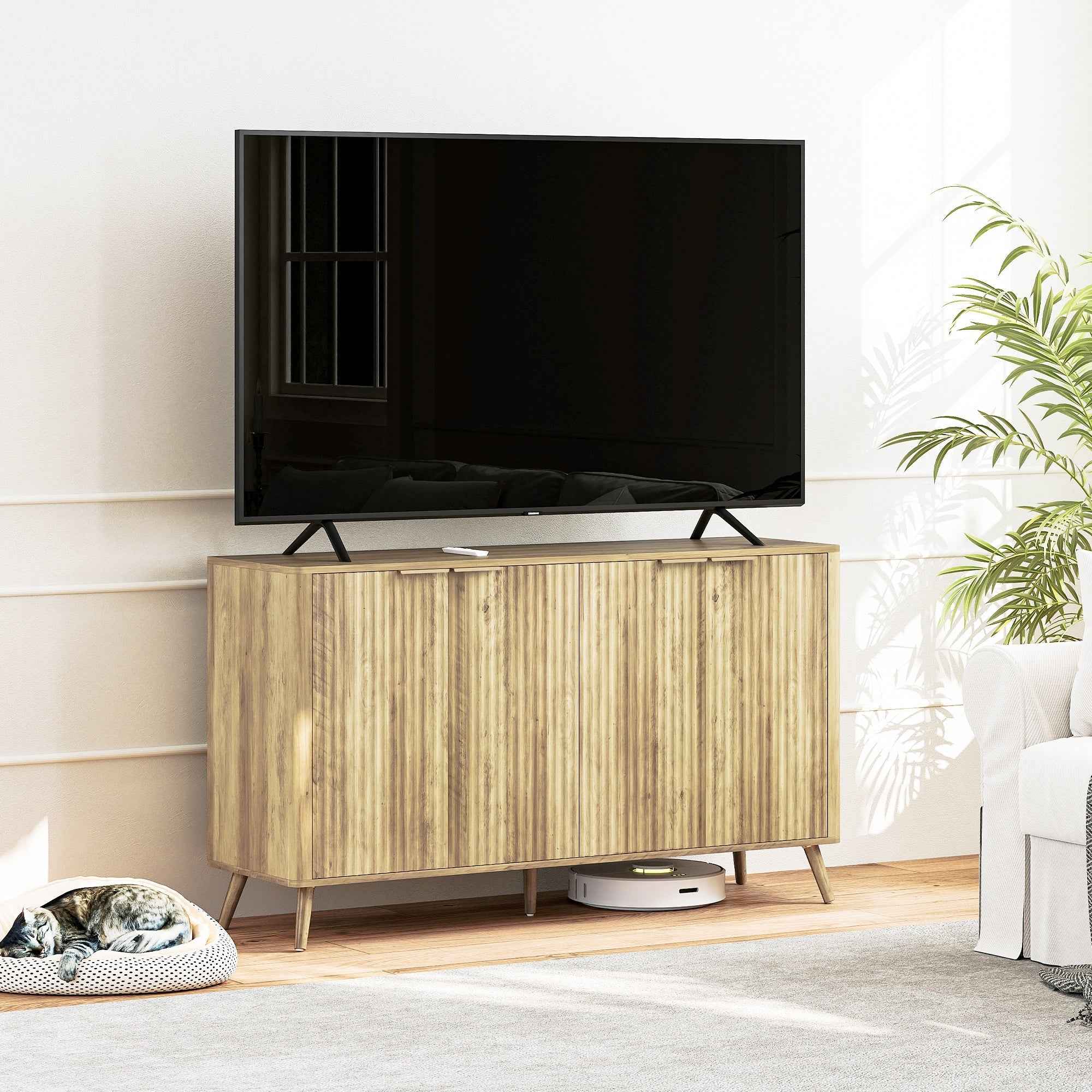 Rory 55" Modern Buffet Sideboard with 4 Fluted Doors and 2 Adjustable Shelves-Oak