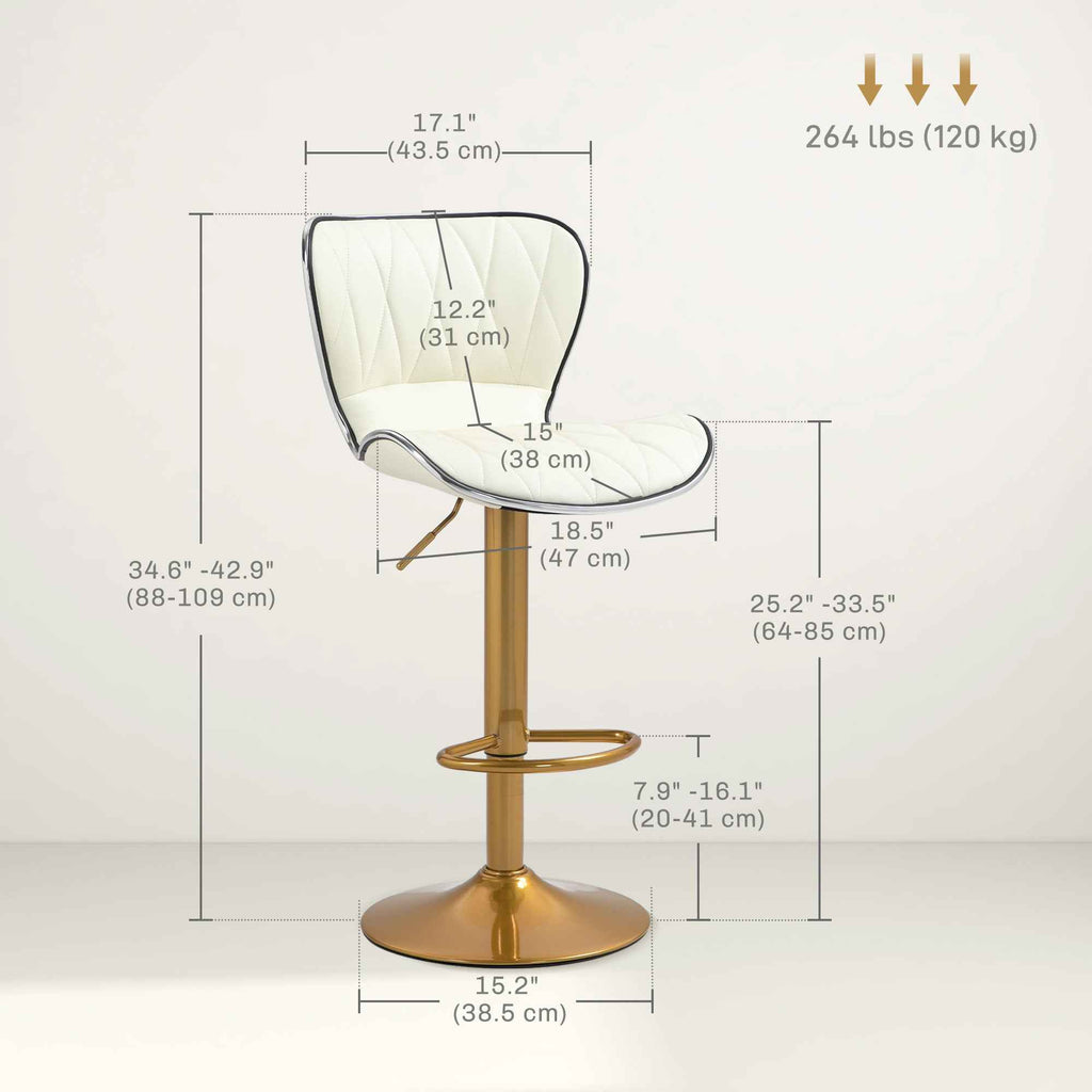 Maxi Counter Height Bar Stools Set of 2-Adjustable Height and Swivel Seat-White/Gold