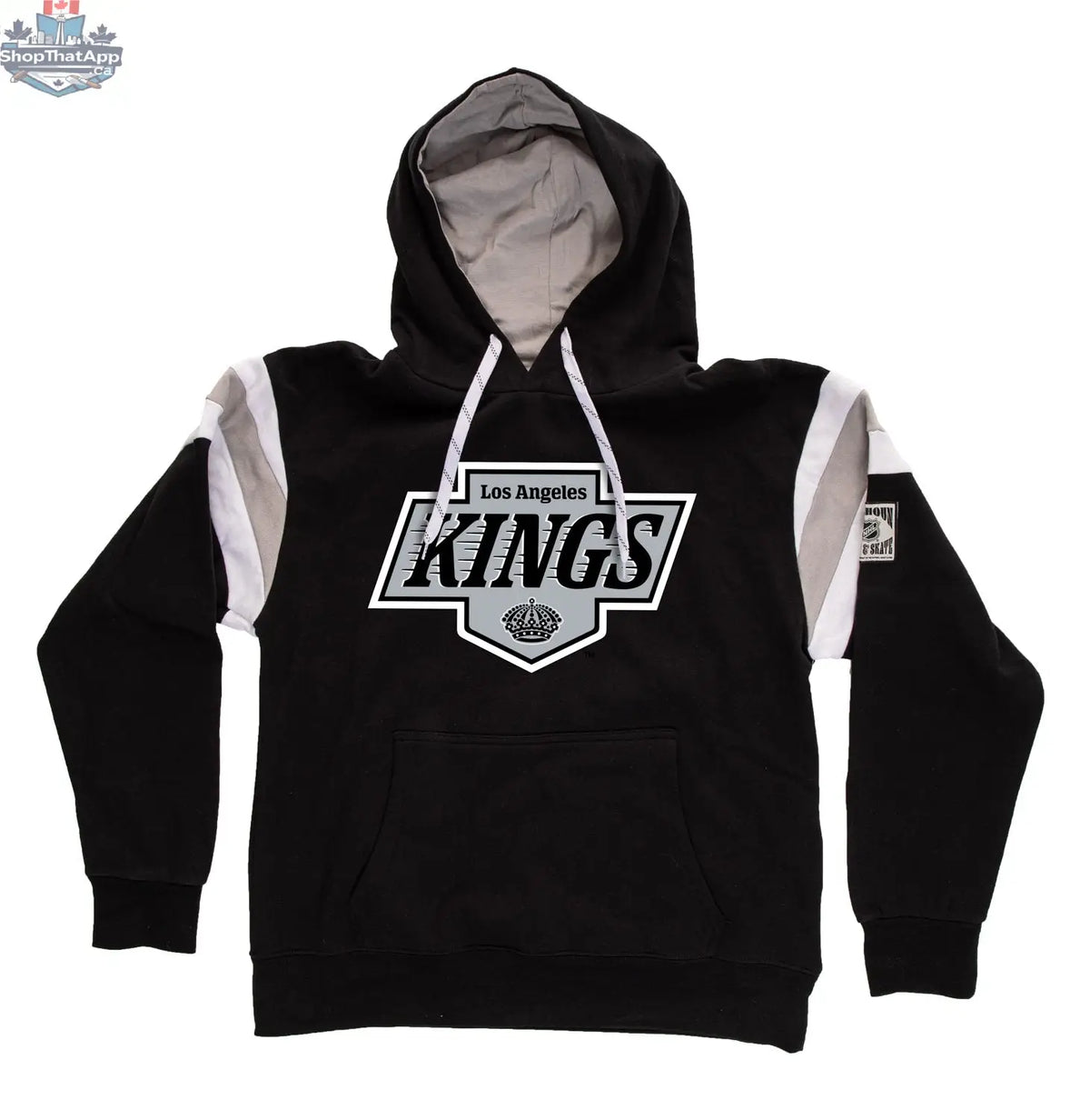 Los Angeles Kings varsity-style hoodie by Calhoun Surf N' Skate featuring team logo and retro design, laid flat.