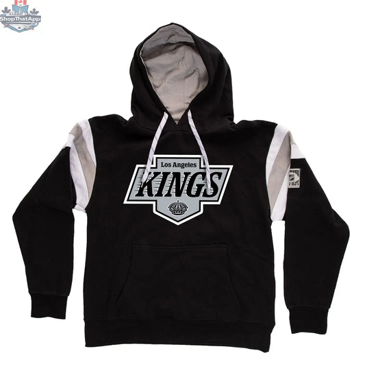Los Angeles Kings varsity-style hoodie by Calhoun Surf N' Skate featuring team logo and retro design, laid flat.
