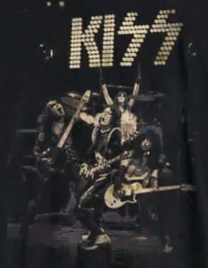 Black KISS T-shirt by Little Guitars featuring iconic rock band logo, casual clothing for fans of classic rock style