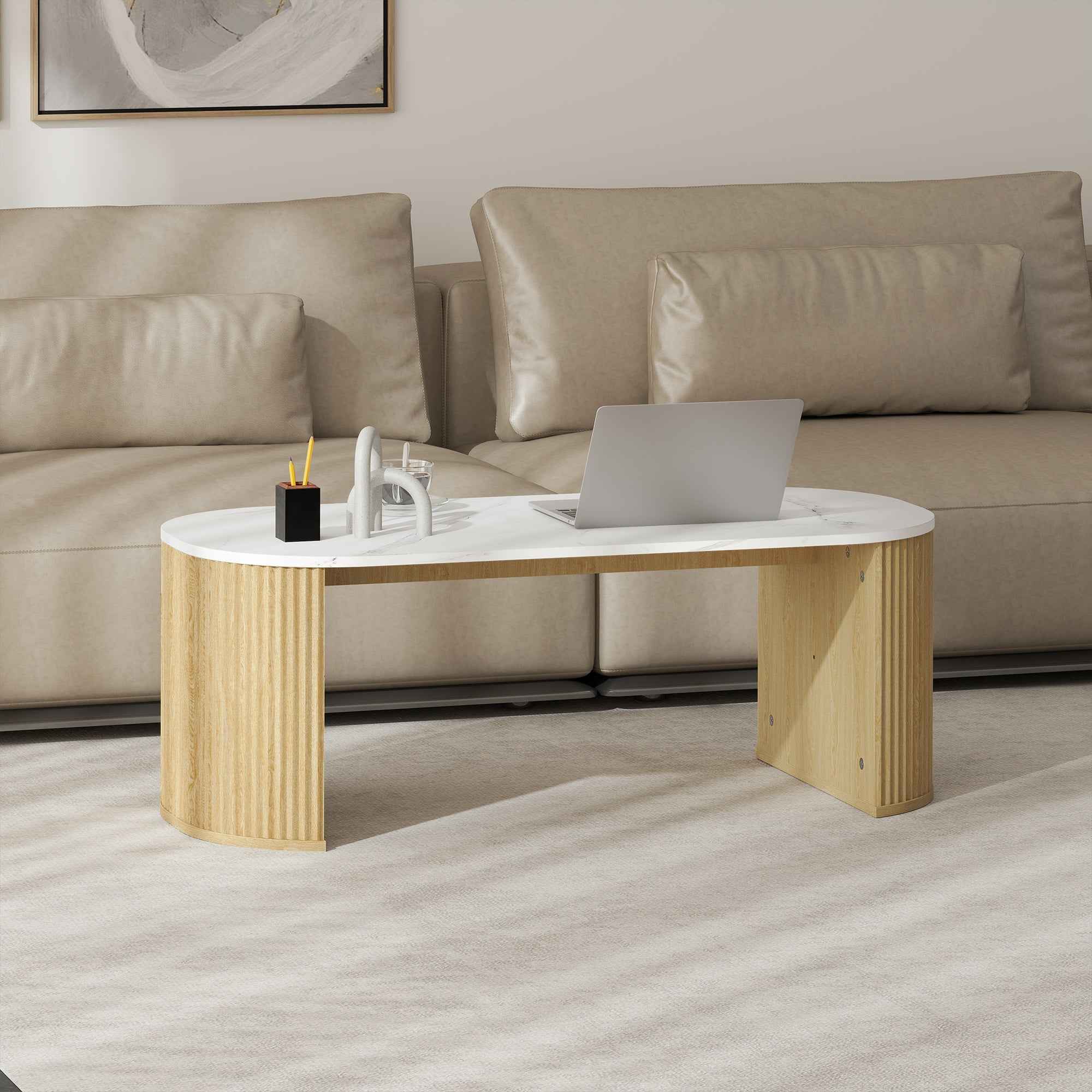 Cameron Modern Faux-Marble Coffee Table-Natural Wood