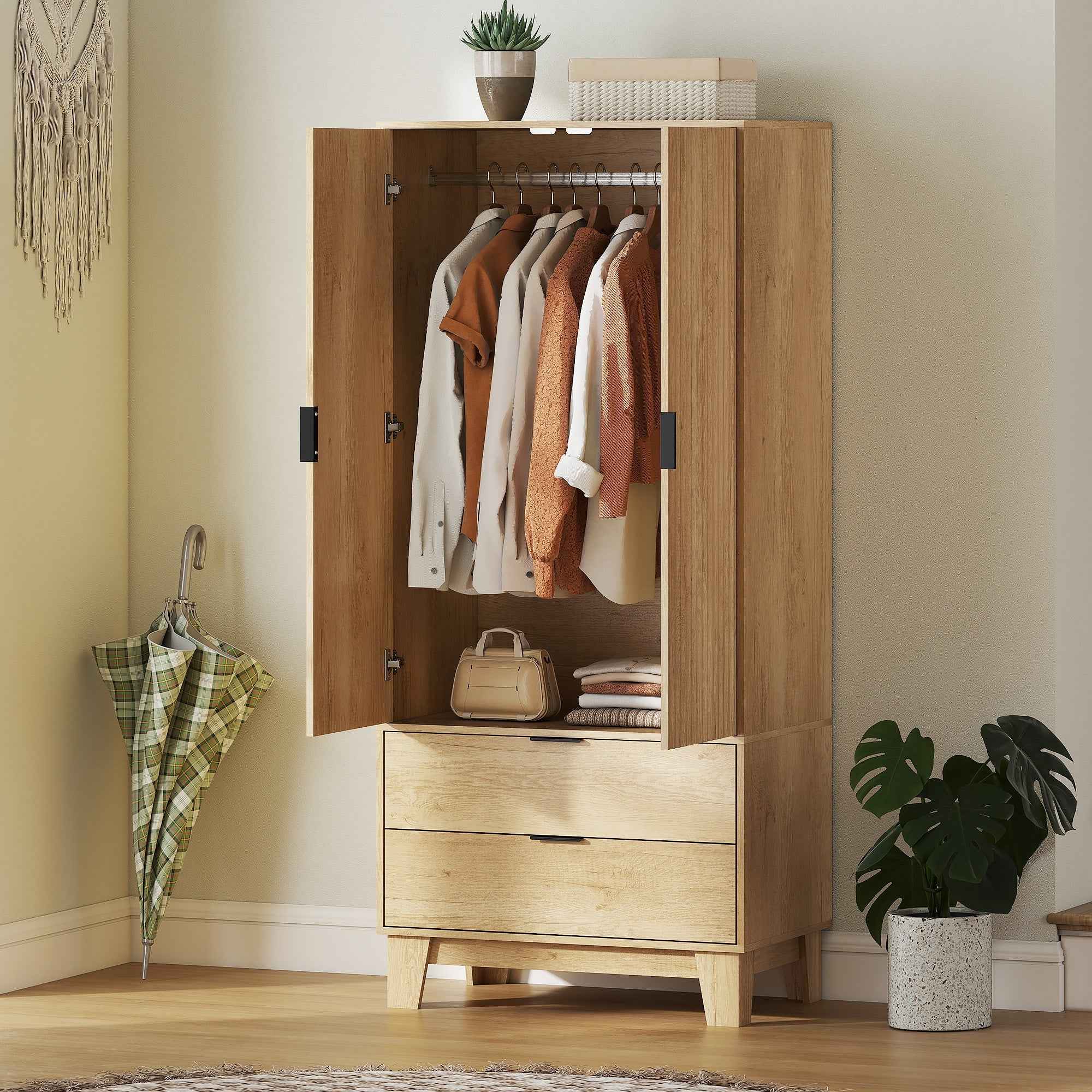 Alexis Modern Wardrobe Closet with Soft-Close Doors-Natural