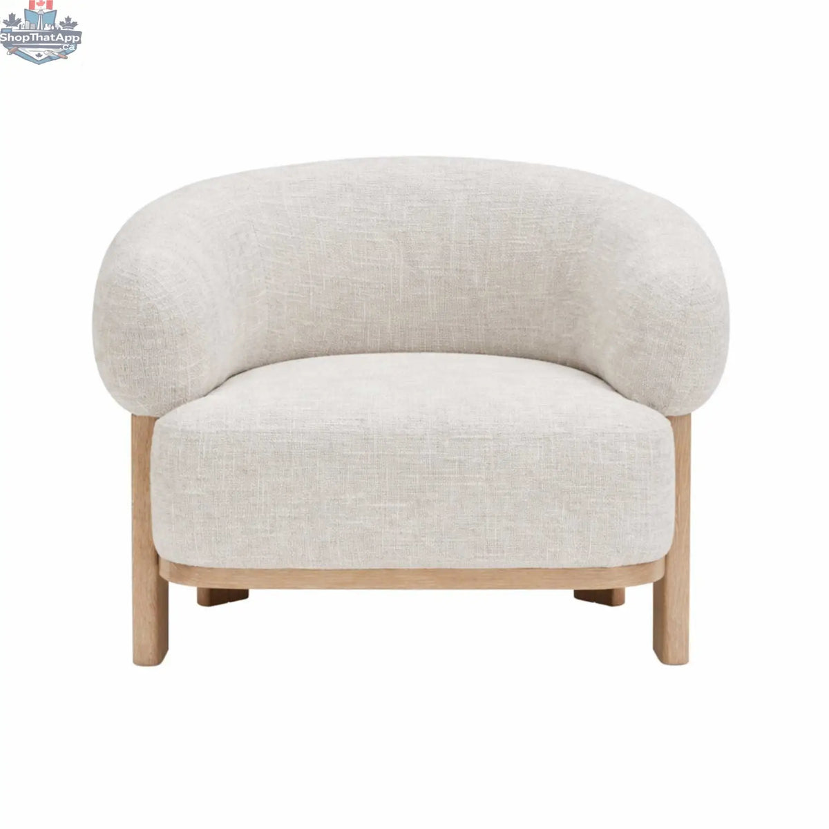 Front view of Hygge Design House Konsta accent chair with solid wood frame and plush upholstery for stylish comfort.