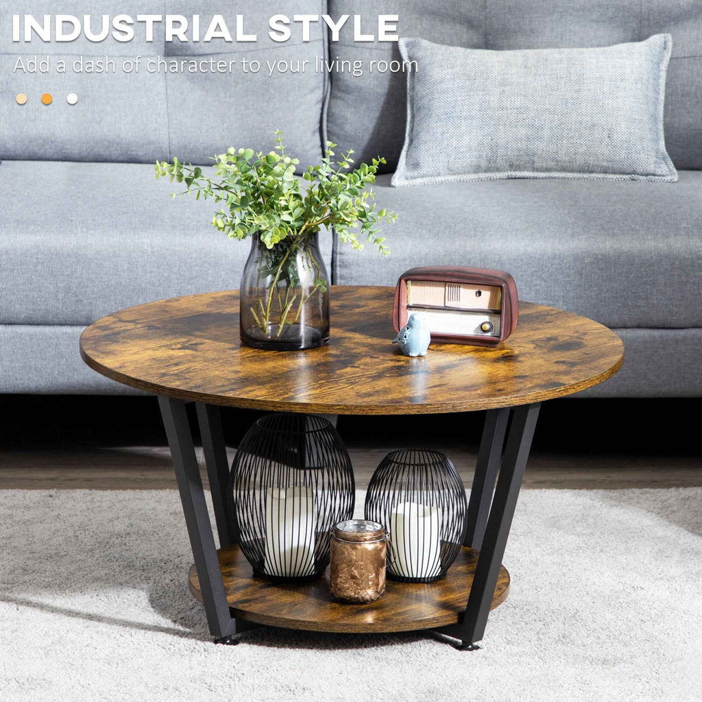 Matt Round Coffee Table with Storage Shelf-Rustic Brown