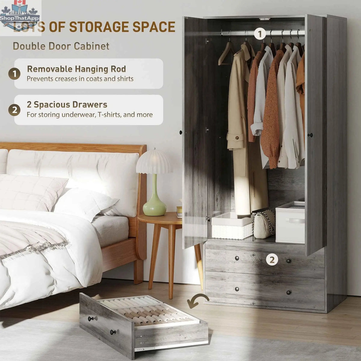 Grey Briar Wardrobe Closet-Armoire by SLOTH Nation with two drawers and hanging rod, ideal for bedroom storage.