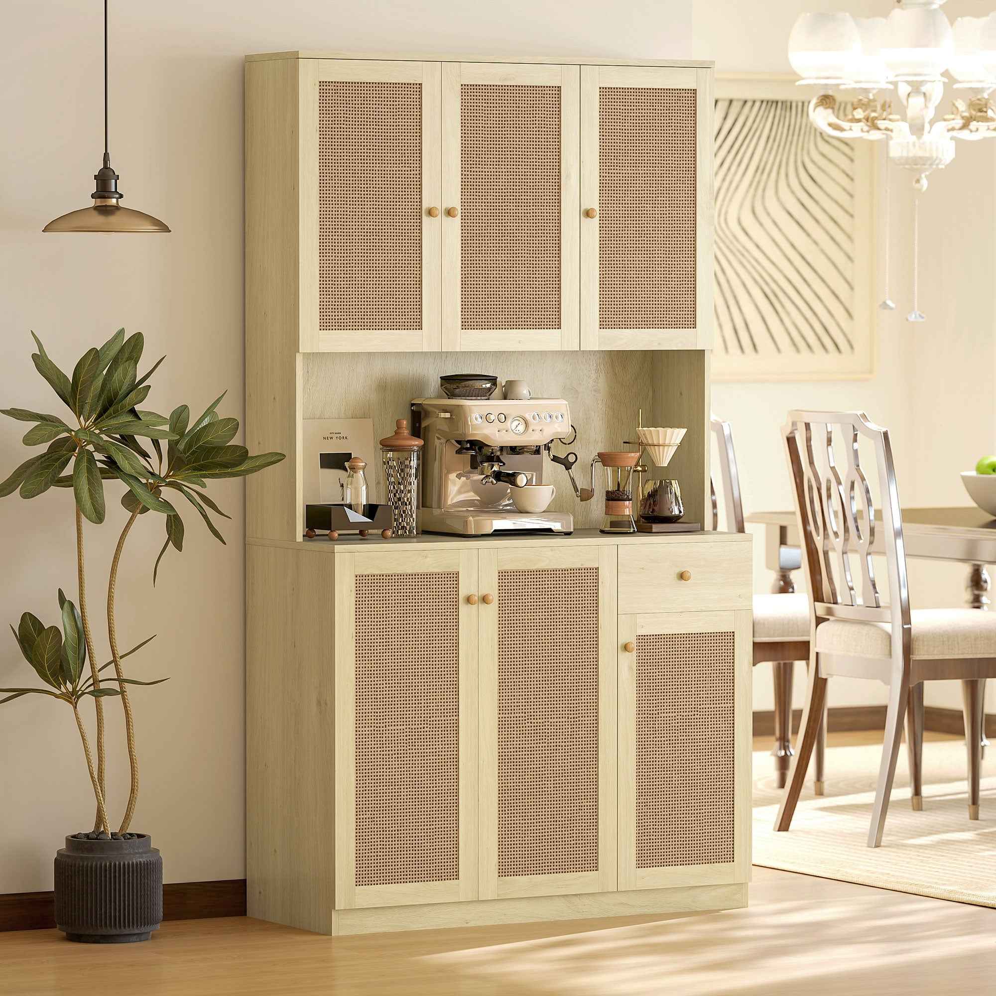 Milan Boho Kitchen Pantry Cabinet with Decorative Rattan Doors-Natural