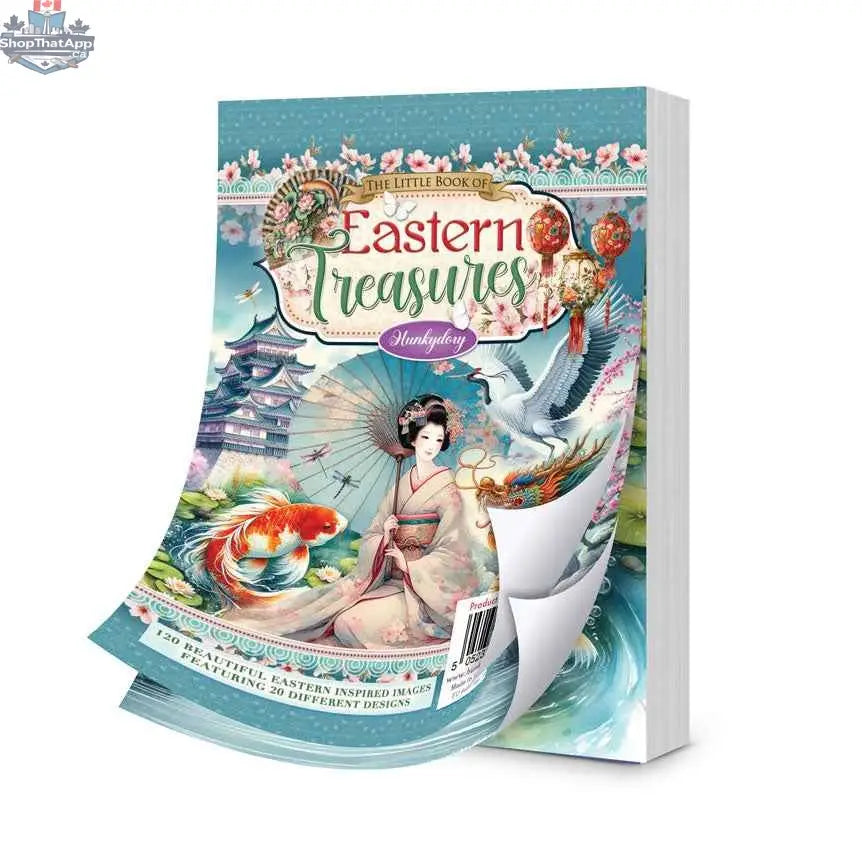 Open view of "The Little Book of Eastern Treasures" by Ecstasy Crafts, featuring intricate paper and cardstock designs.