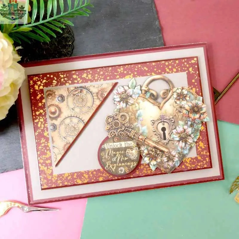 Luxury foiled cardstock from Ecstasy Crafts' Clockwork Curiosities collection, featuring intricate clockwork and vintage-inspired designs.
