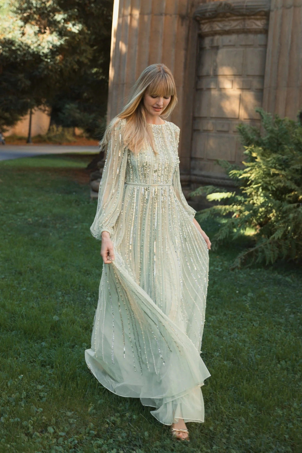 Boat Neck Long Sleeve Gown With Striped Beading - Www.Shopthatapp.ca