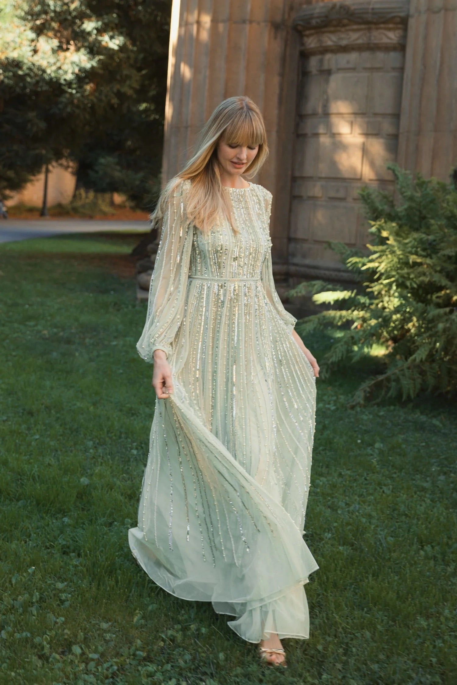 Boat Neck Long Sleeve Gown With Striped Beading - Www.Shopthatapp.ca