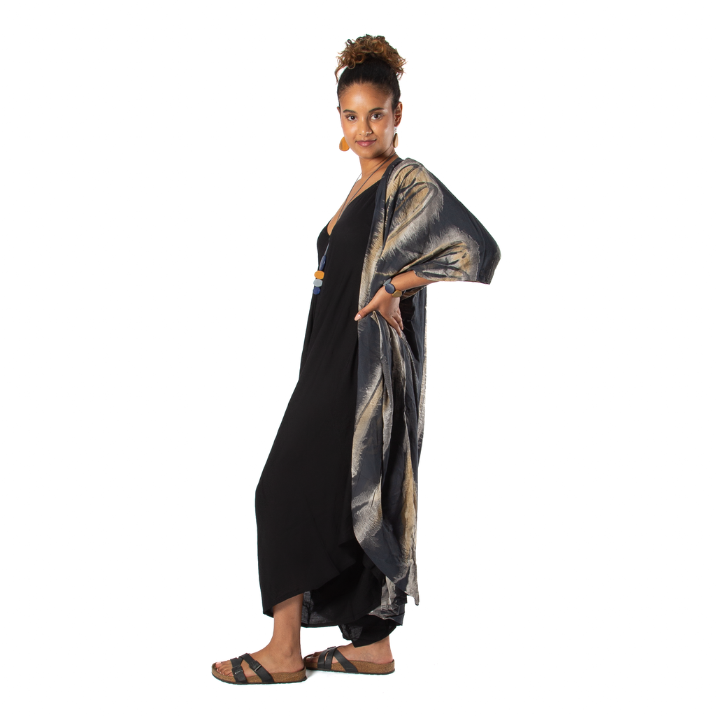 Abstract Tie Dye Kimono - Grey & Gold Long Kimono for Stylish Layering - Shopthatapp.ca