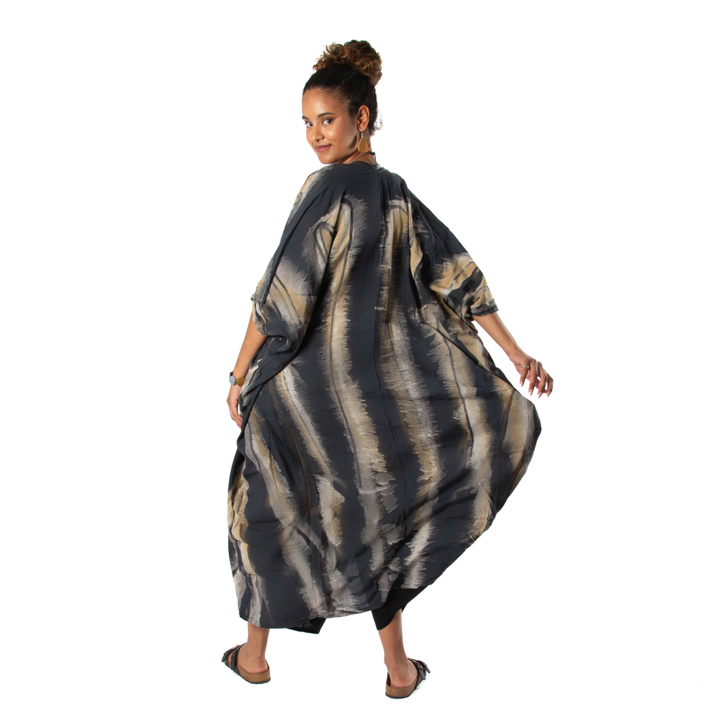 Abstract Tie Dye Kimono - Grey & Gold Long Kimono for Stylish Layering - Shopthatapp.ca