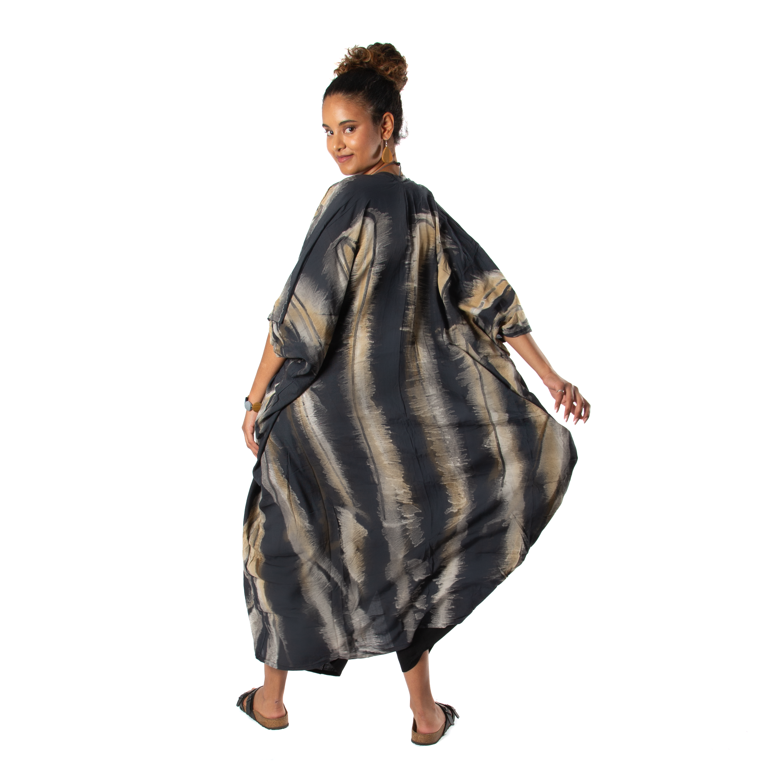 Abstract Tie Dye Kimono - Grey & Gold Long Kimono for Stylish Layering - Shopthatapp.ca