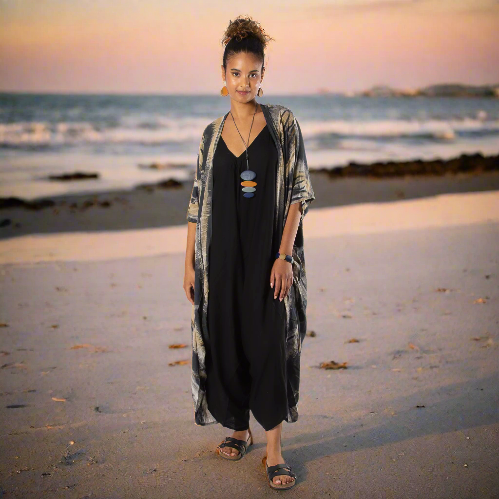 Abstract Tie Dye Kimono - Grey & Gold Long Kimono for Stylish Layering - Shopthatapp.ca