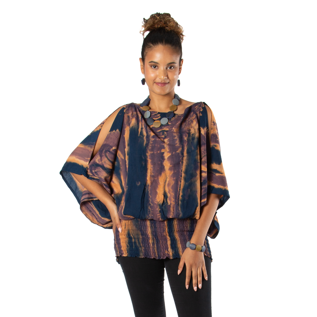 Abstract Tie Dye Top - Blue & Gold Split Shoulder Design - Shopthatapp.ca
