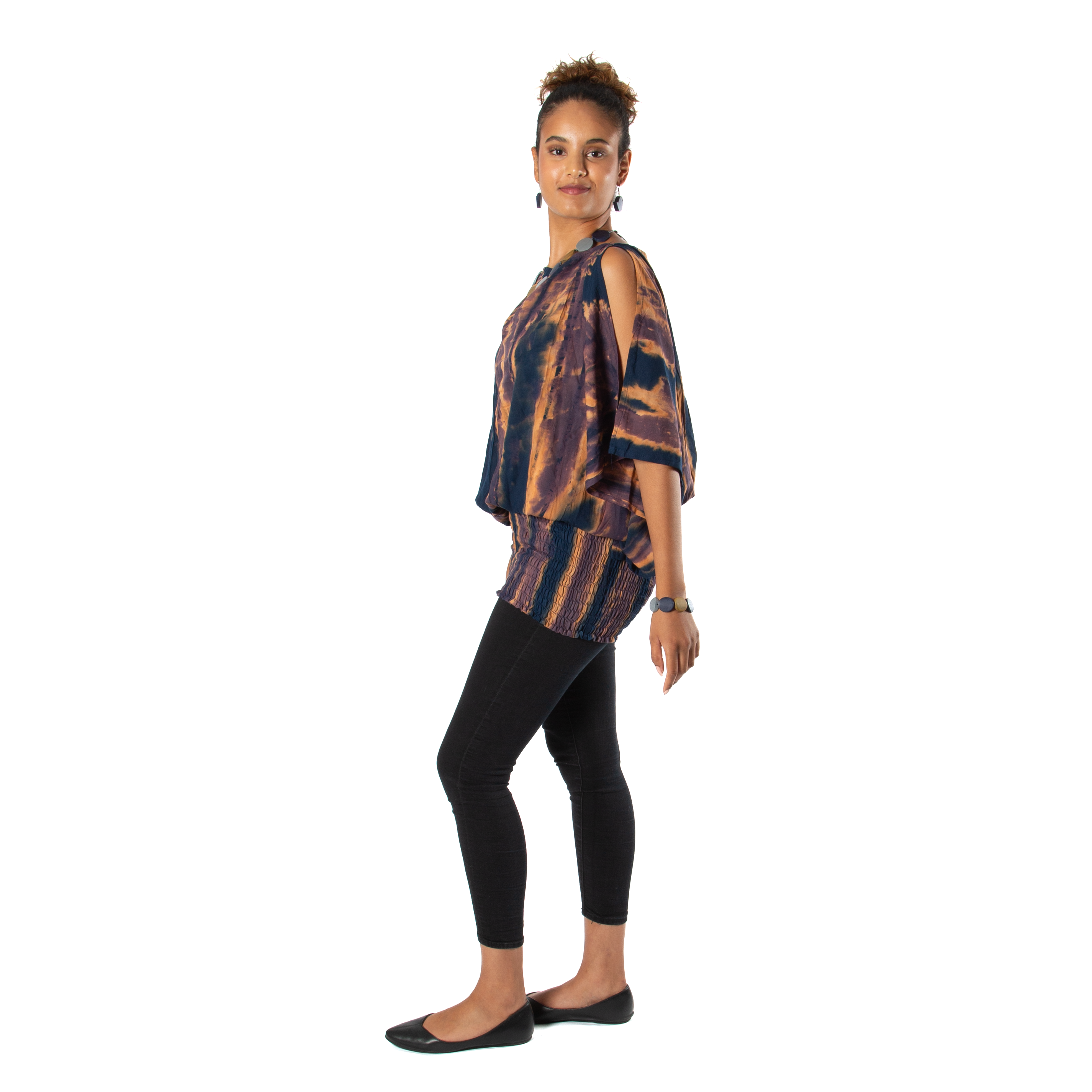 Abstract Tie Dye Top - Blue & Gold Split Shoulder Design - Shopthatapp.ca
