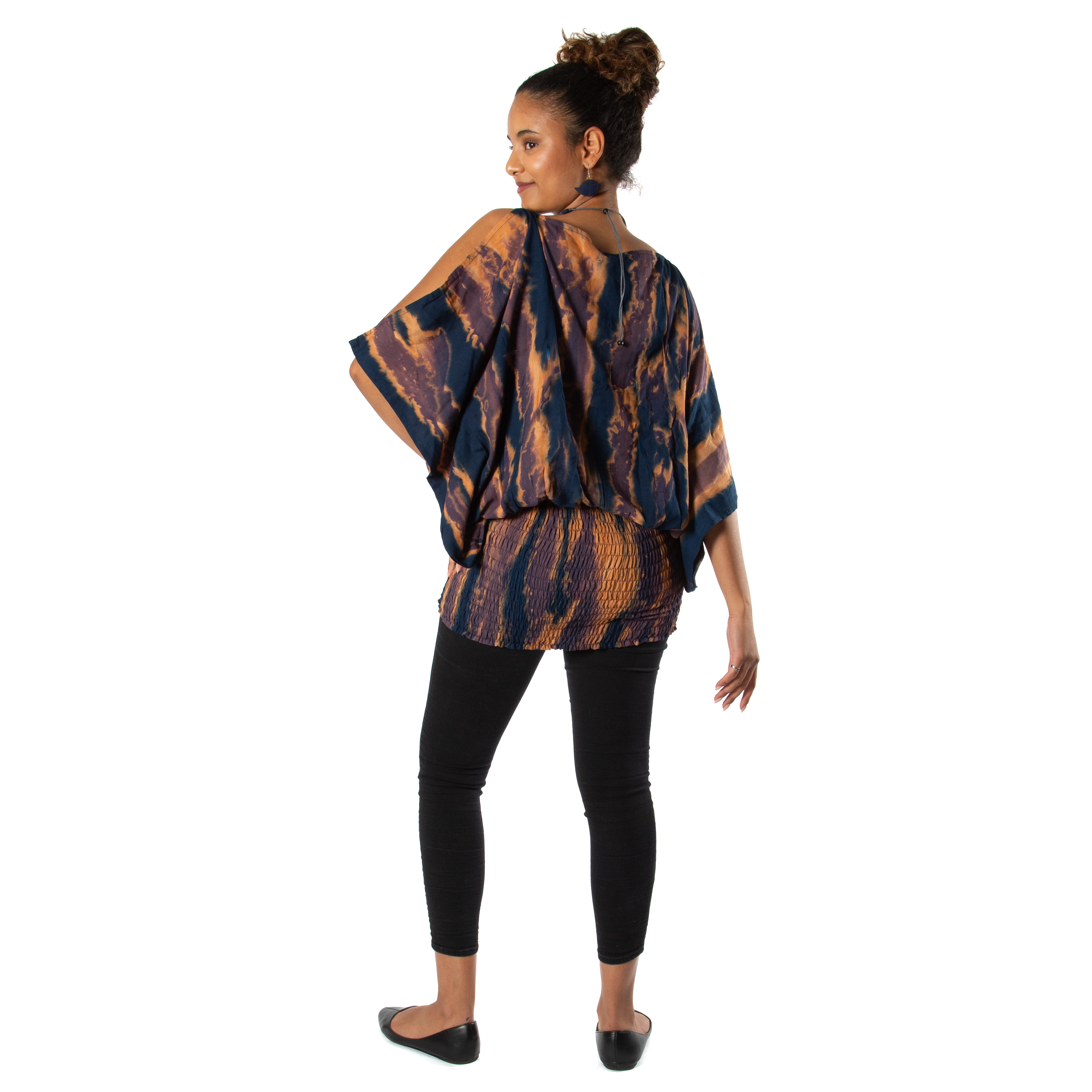 Abstract Tie Dye Top - Blue & Gold Split Shoulder Design - Shopthatapp.ca