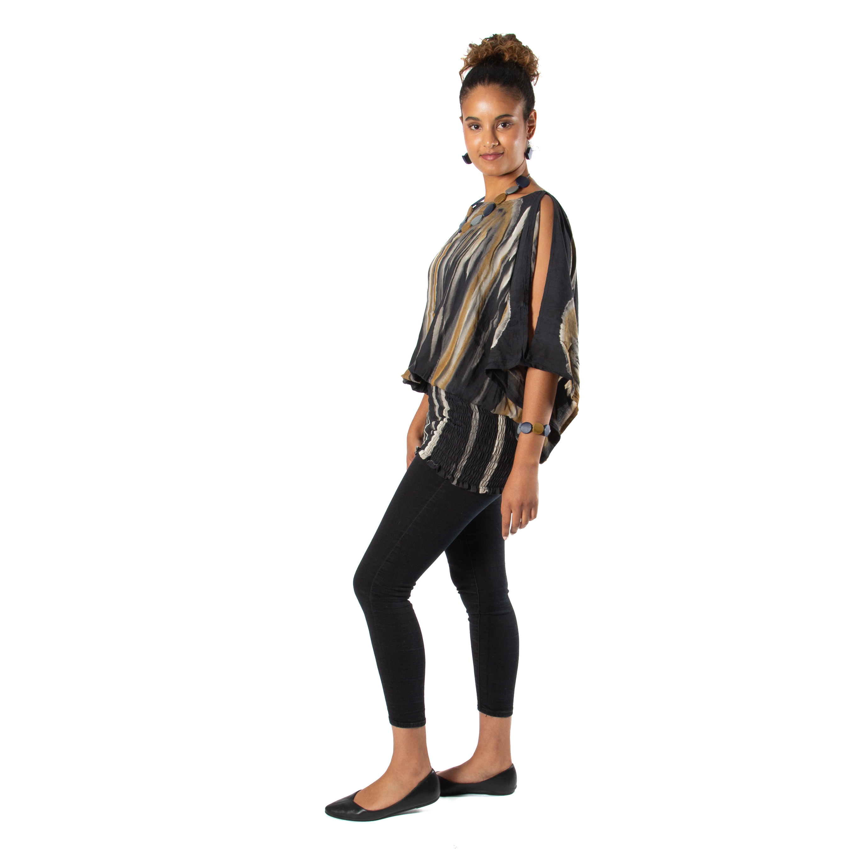 Abstract Tie Dye Top with Split Shoulder Design in Grey & Gold - Shopthatapp.ca