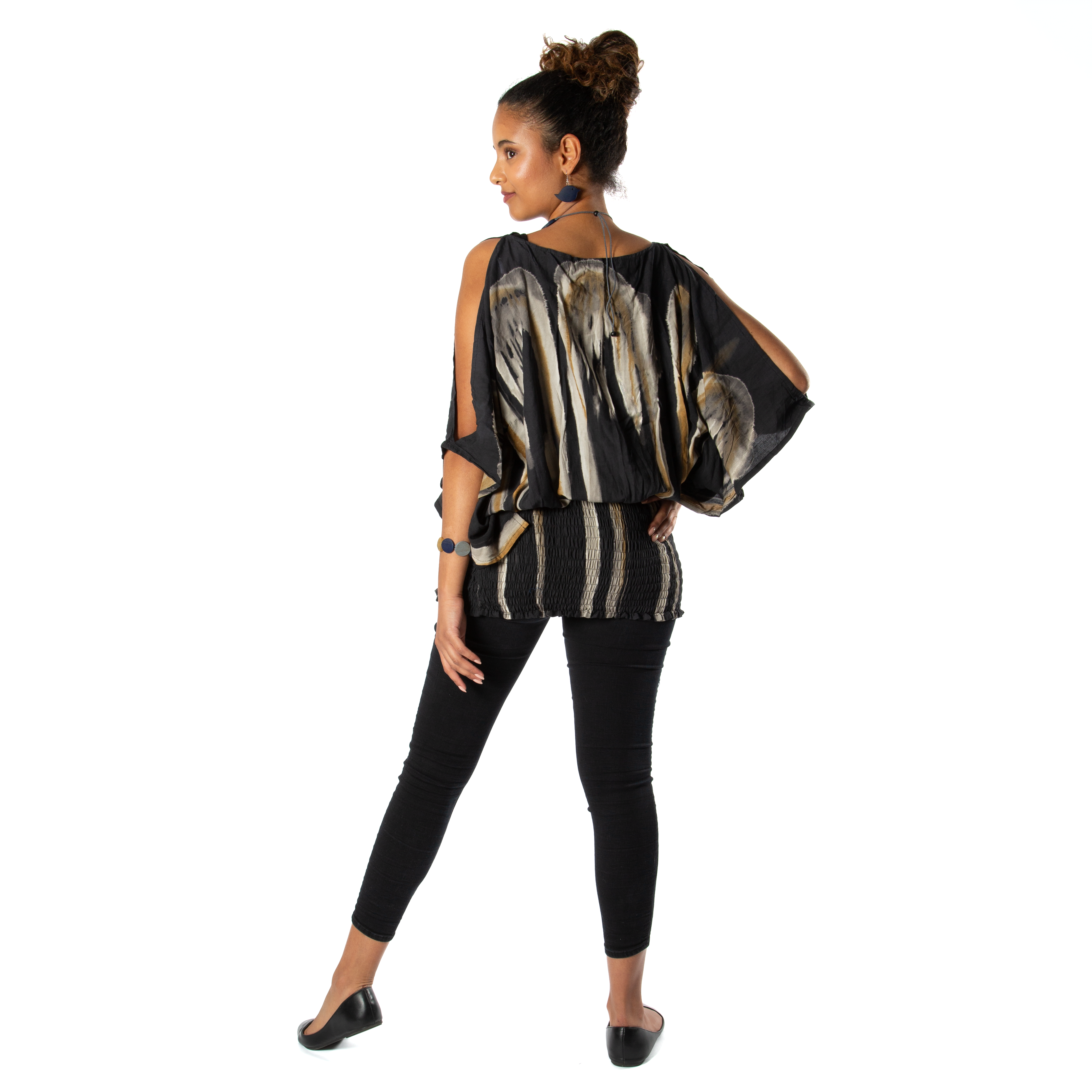 Abstract Tie Dye Top with Split Shoulder Design in Grey & Gold - Shopthatapp.ca