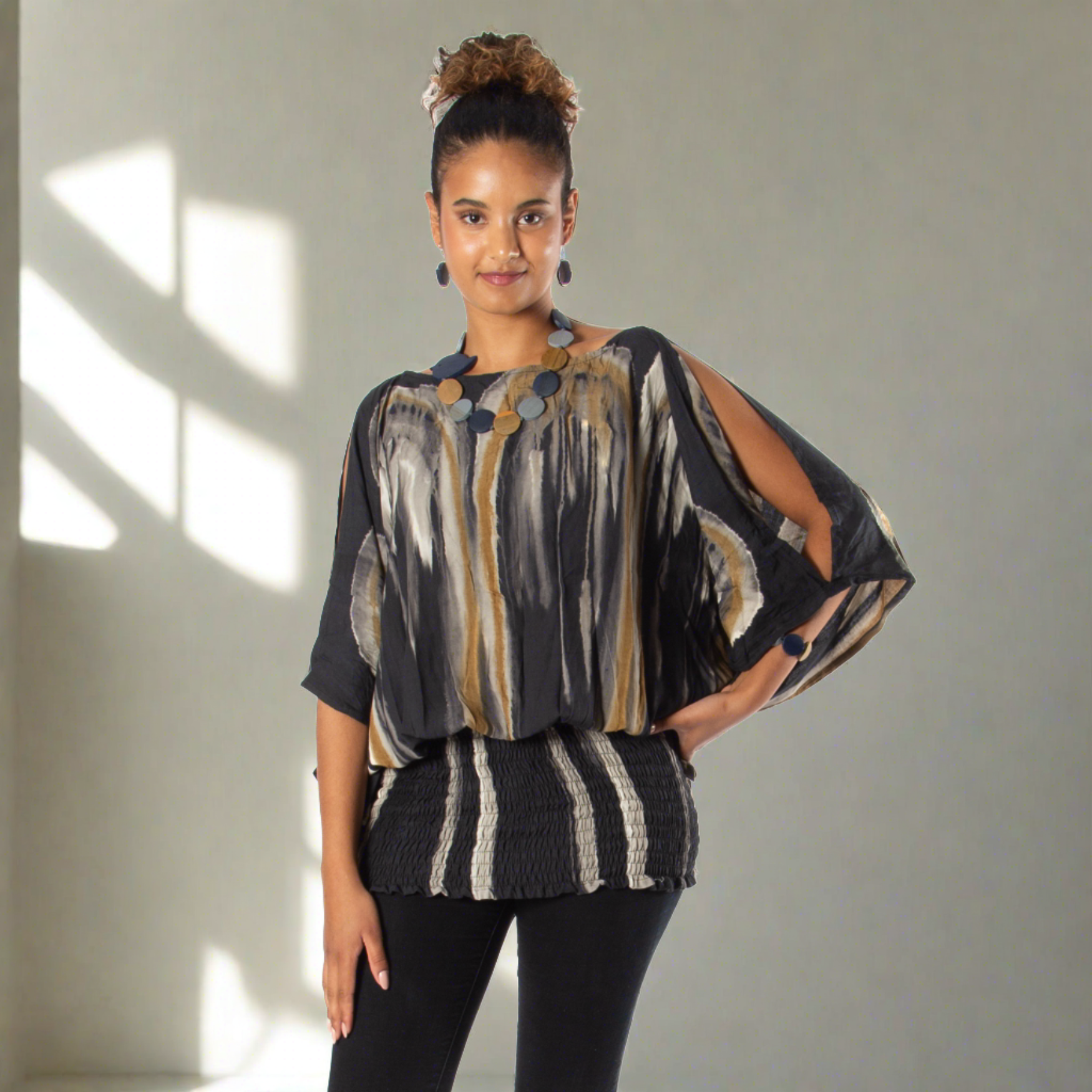 Abstract Tie Dye Top with Split Shoulder Design in Grey & Gold - Shopthatapp.ca