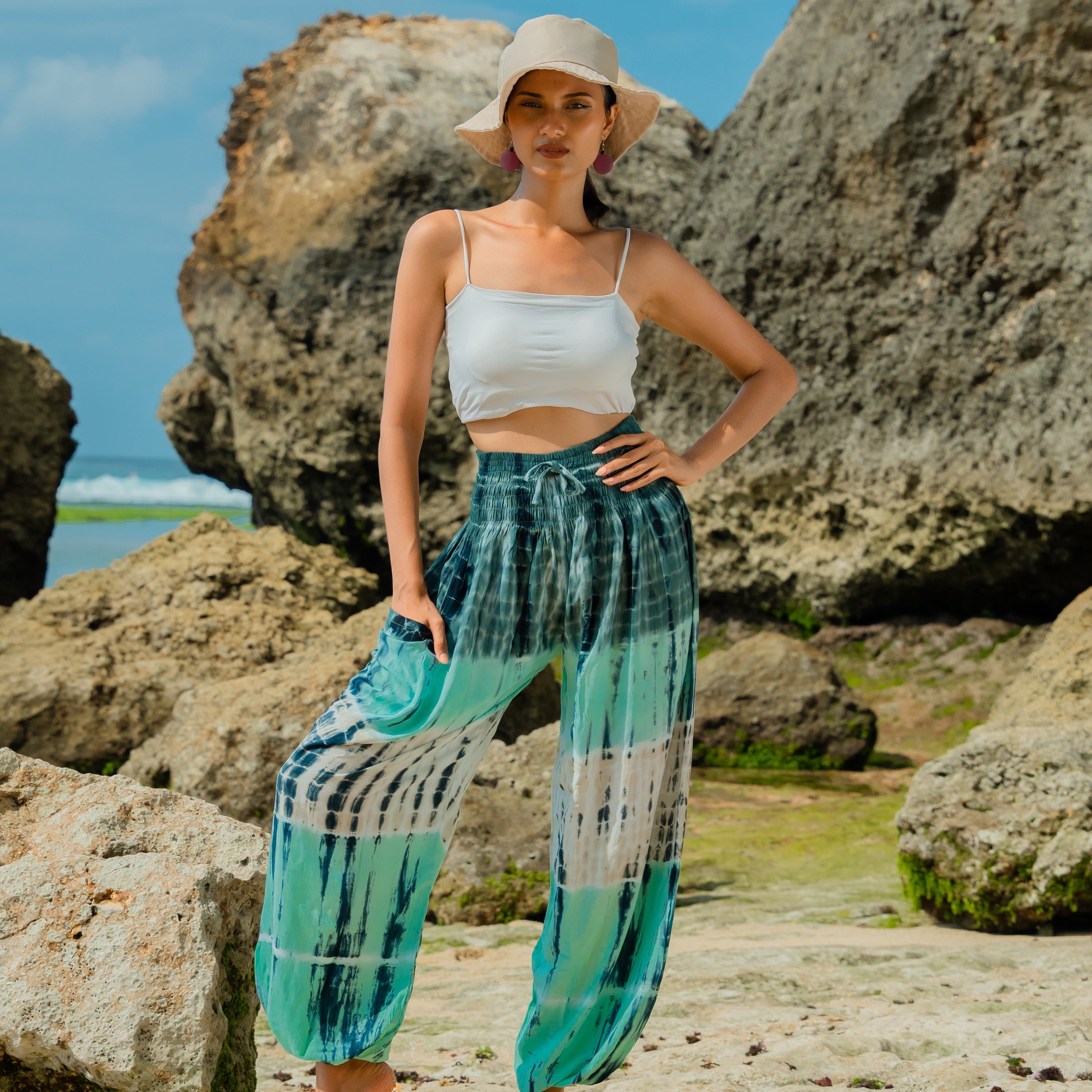 Tie Dye Stripe Bali Pants - Turquoise & Grey - Shopthatapp.ca