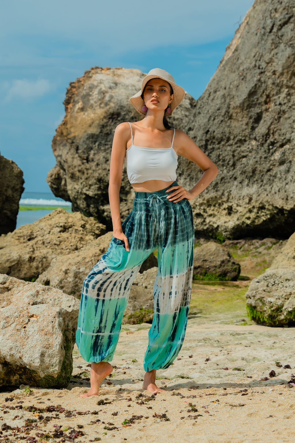 Tie Dye Stripe Bali Pants - Turquoise & Grey - Shopthatapp.ca