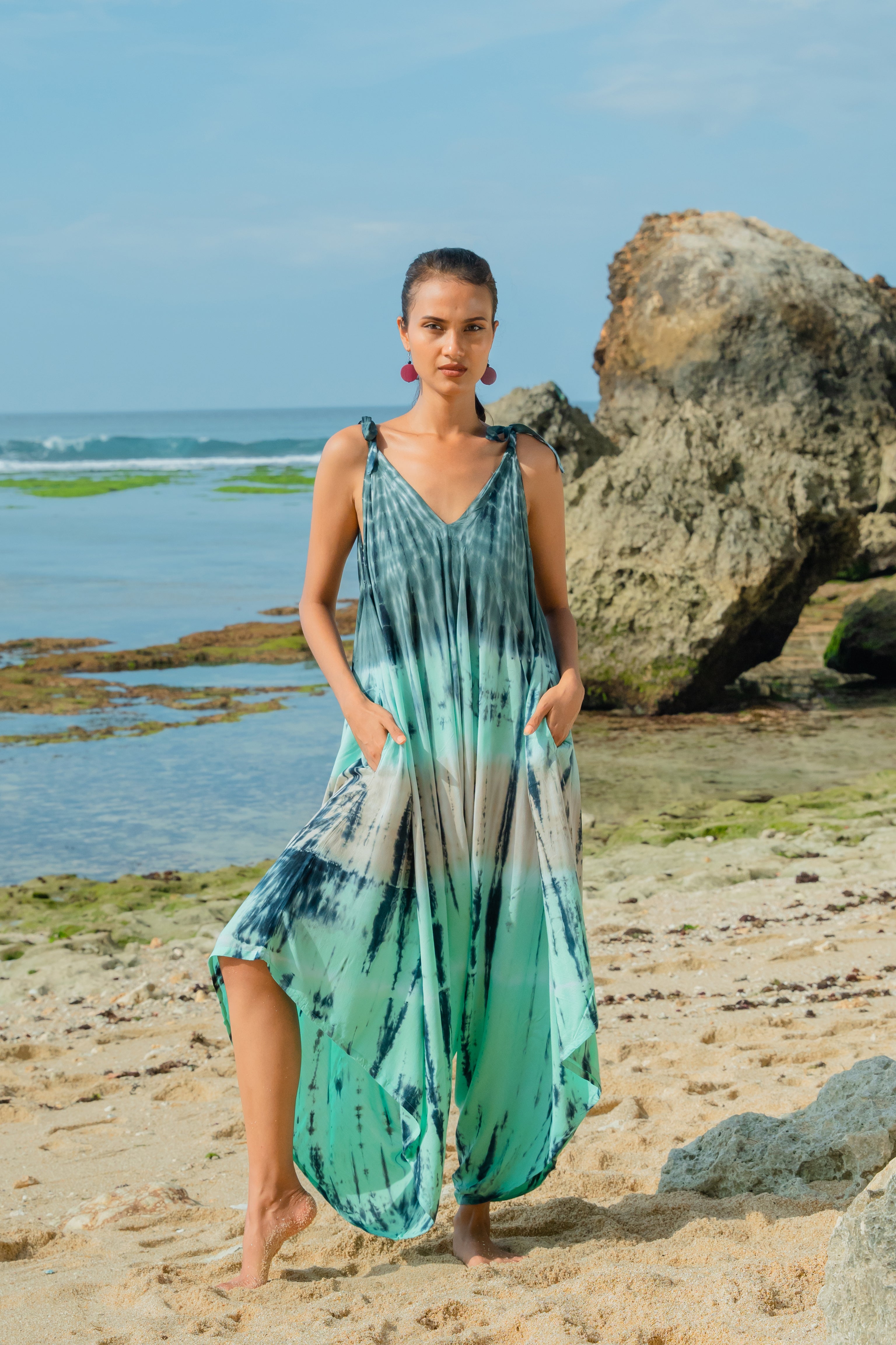 Tie Dye Stripe Romper - Turquoise & Grey - Shopthatapp.ca
