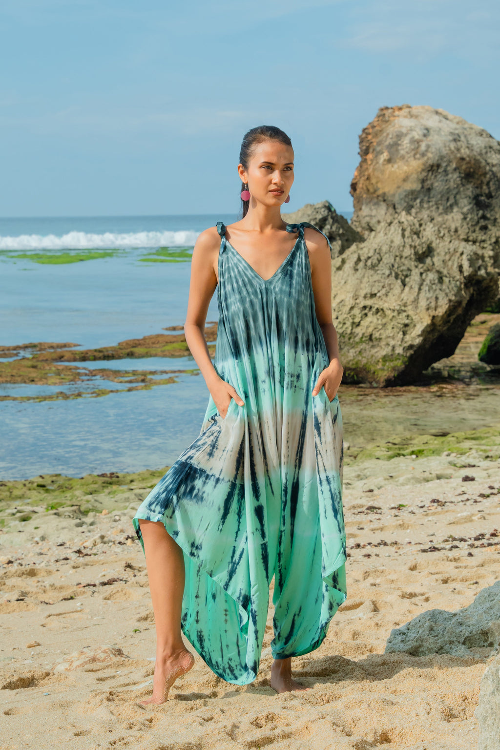 Tie Dye Stripe Romper - Turquoise & Grey - Shopthatapp.ca