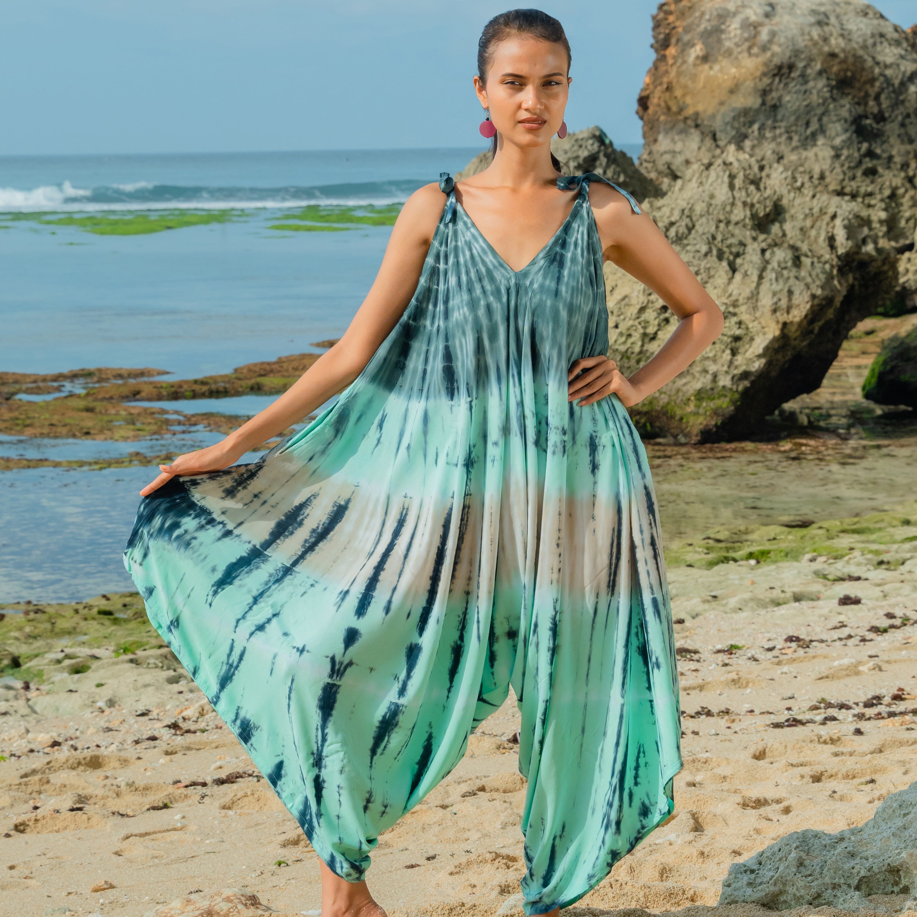 Tie Dye Stripe Romper - Turquoise & Grey - Shopthatapp.ca