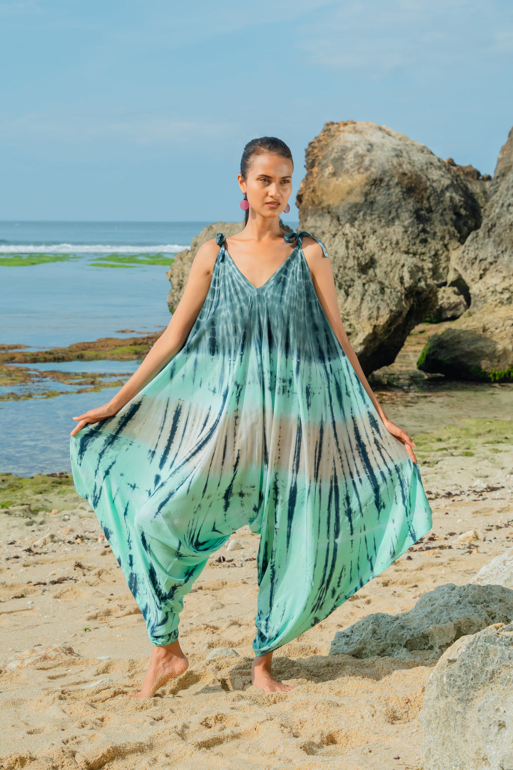 Tie Dye Stripe Romper - Turquoise & Grey - Shopthatapp.ca
