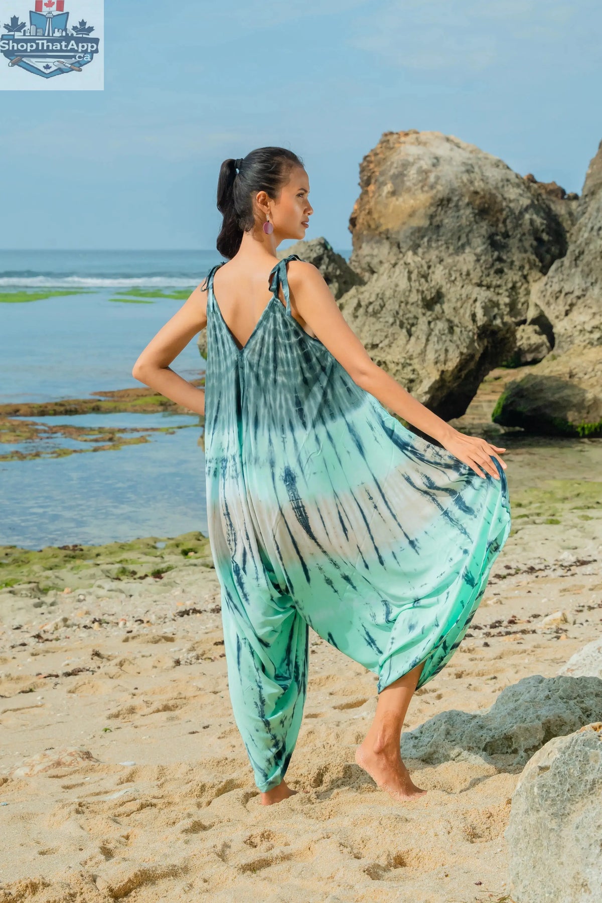 Turquoise and grey tie-dye stripe romper by Suzie Blue Canada, casual sleeveless one-piece for kids.