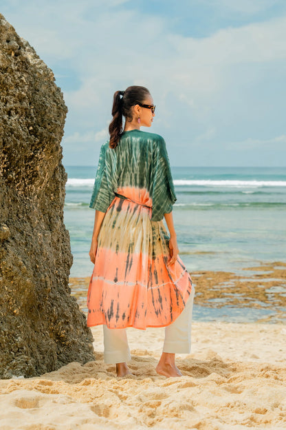 Pink and grey tie dye stripe kimono by Suzie Blue Canada, featuring lightweight fabric and trendy boho style.