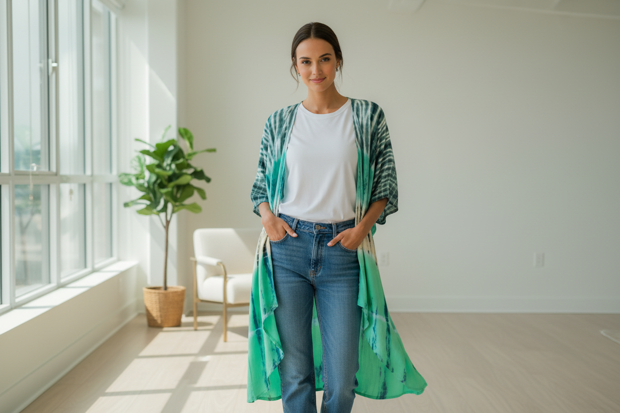 Tie Dye Kimono Turquoise Grey - Stylish Long Kimono for Fashionable Outfits - Shopthatapp.ca